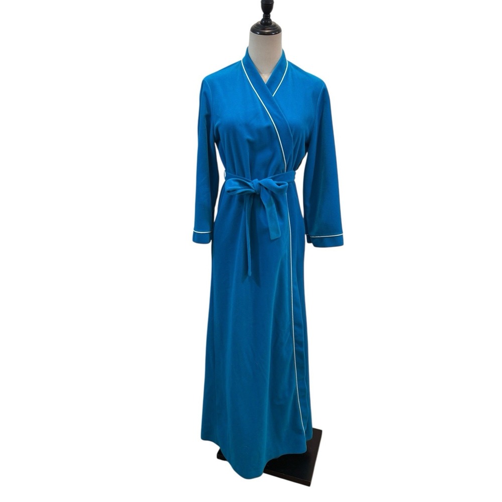 Vtg 70s Vanity‎ Fair  Velour Blue Robe Sz M Long Wrap Retro House Coat